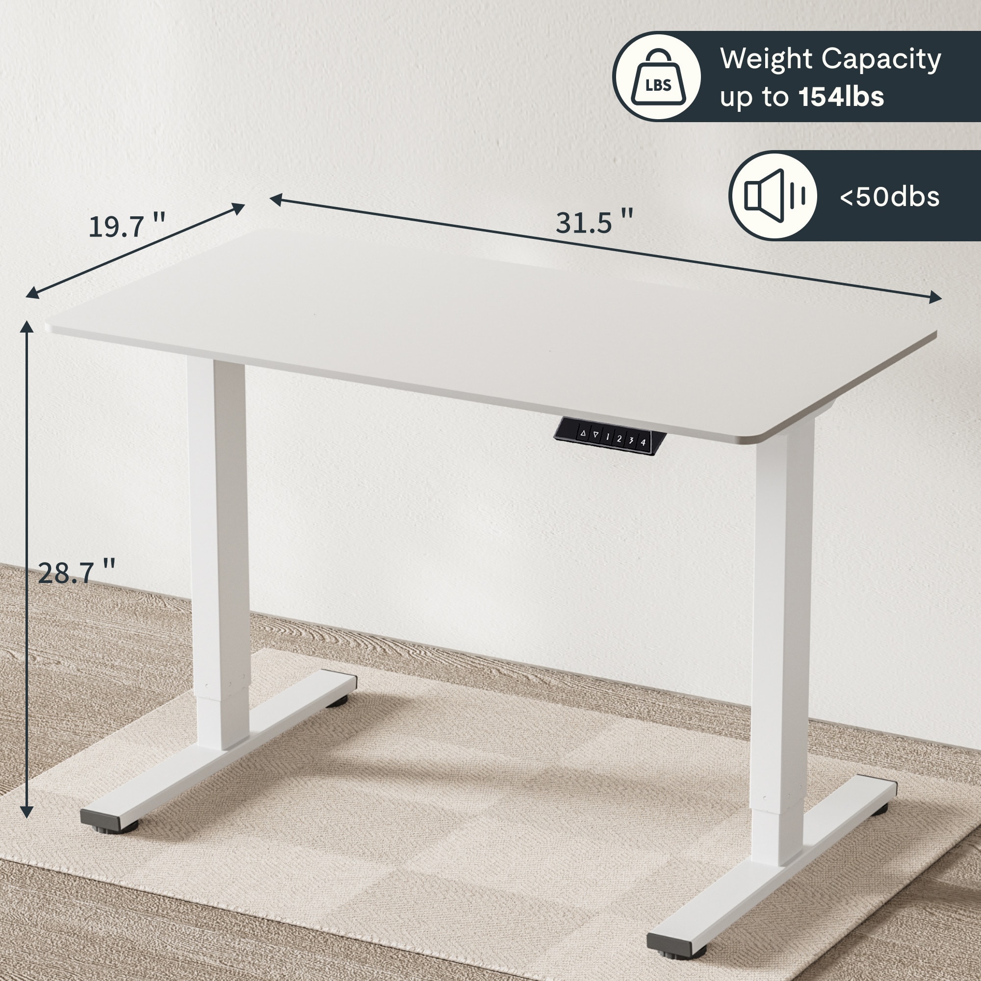 Electric Standing Desk Whole Piece Adjustable Height Desk Home Office Computer Workstation Sit Stand Up Desk (White Frame + White Top)_voghion.com